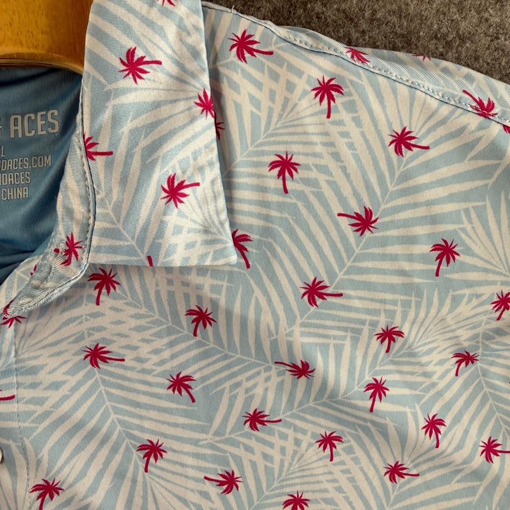 Pins & Aces Polo Shirt Men XXL Blue Pink Tropical Palm Tree Performance Golf Tee - Picture 10 of 13